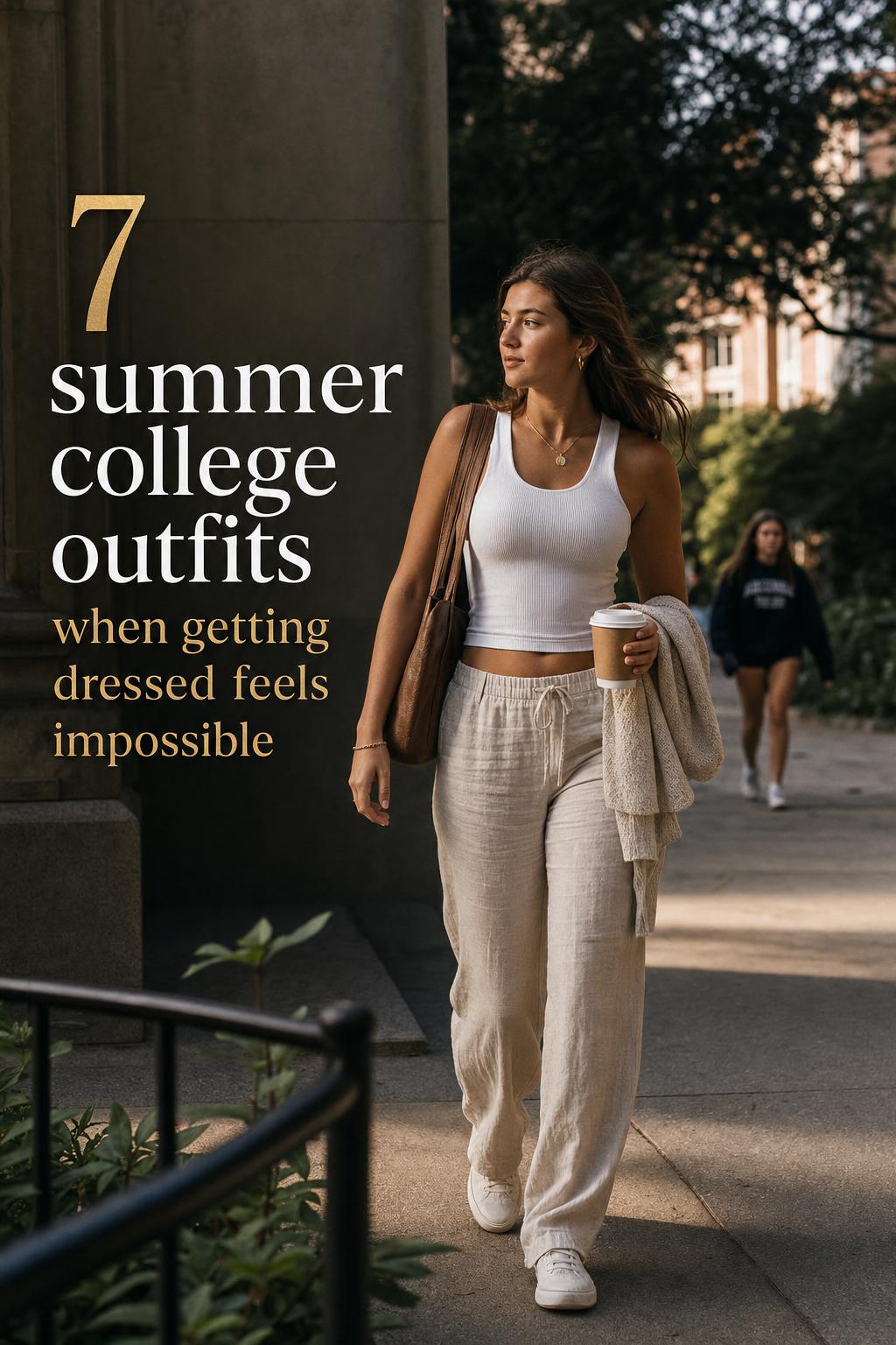 Summer College Outfits Campus Walk Editorial Summer college outfits: student walking on campus in linen pants and tank with coffee, candid golden-hour editorial photo