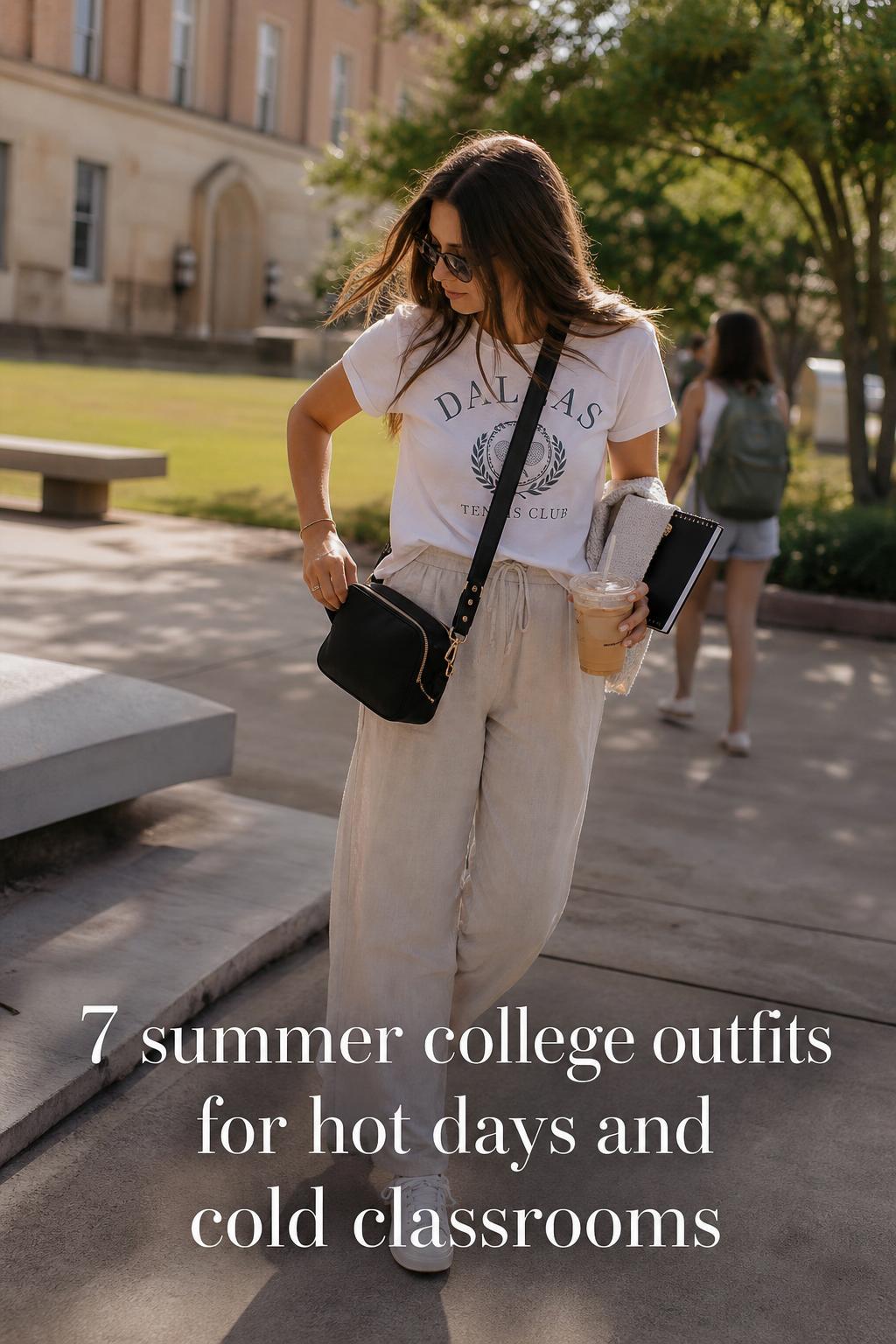 Summer College Outfits on a Sunny Campus Walk Summer college outfits on campus: stylish student in neutral tee and linen pants carrying iced coffee by dorm buildings