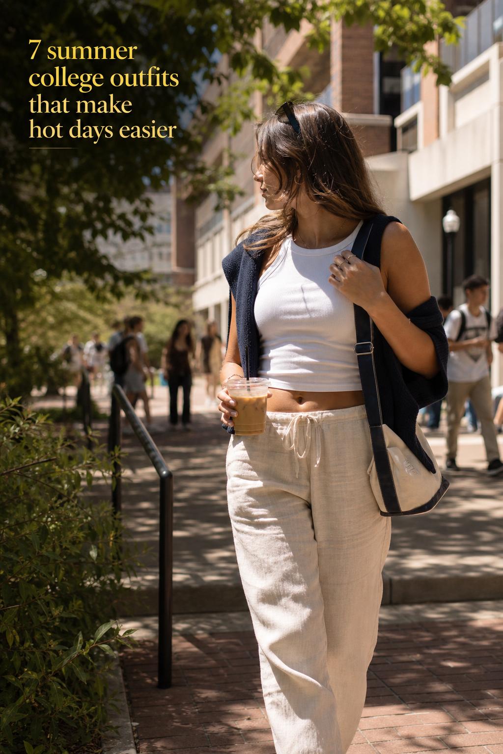 Summer College Outfits on a Sunny Campus Walk Summer college outfits idea: student in linen pants, tank and sneakers walking a sunny campus path with cardigan and crossbody bag.