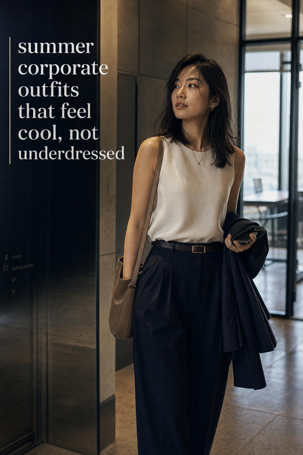 Summer Corporate Outfits for Humid Commutes and AC Modern professional in blazer and shell in office lobby, showcasing summer corporate outfits for humid commutes and AC offices