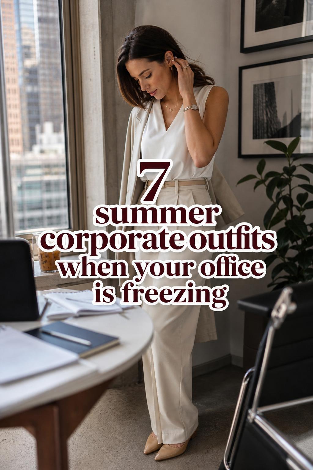 7 Summer Corporate Outfits for a Freezing Office Woman adjusting blazer in modern office nook with iced coffee, showcasing summer corporate outfits in warm window light