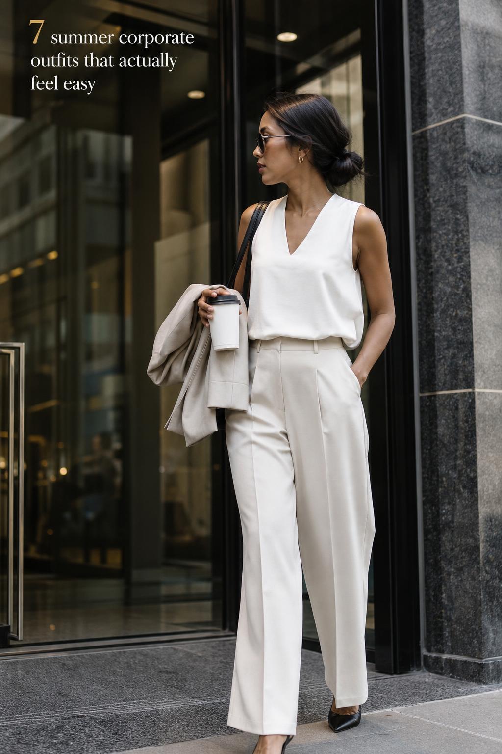 Summer corporate outfits for a modern city office Professional woman in modern office lobby wearing summer corporate outfits with lightweight blazer, tailored trousers, and tote bag
