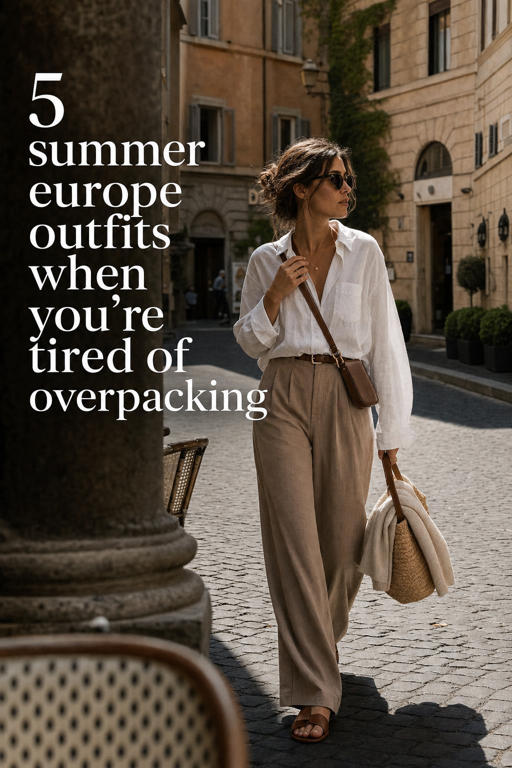 Summer Europe outfits editorial photo of a stylish woman walking a sunlit Roman side street in linen shirt and taupe trousers