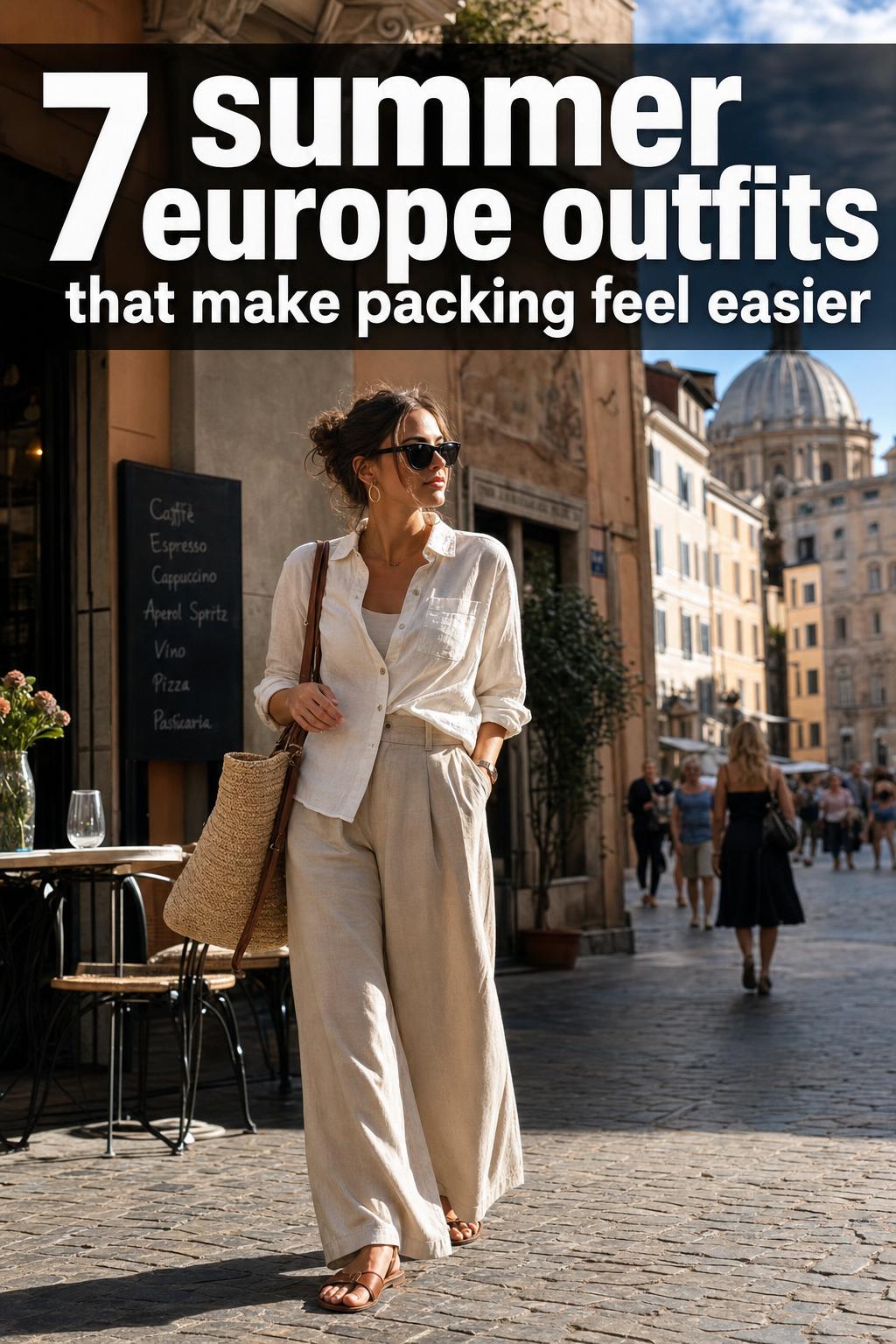 Stylish summer Europe outfits on a traveler walking a sunlit European street in a light linen dress and sandals