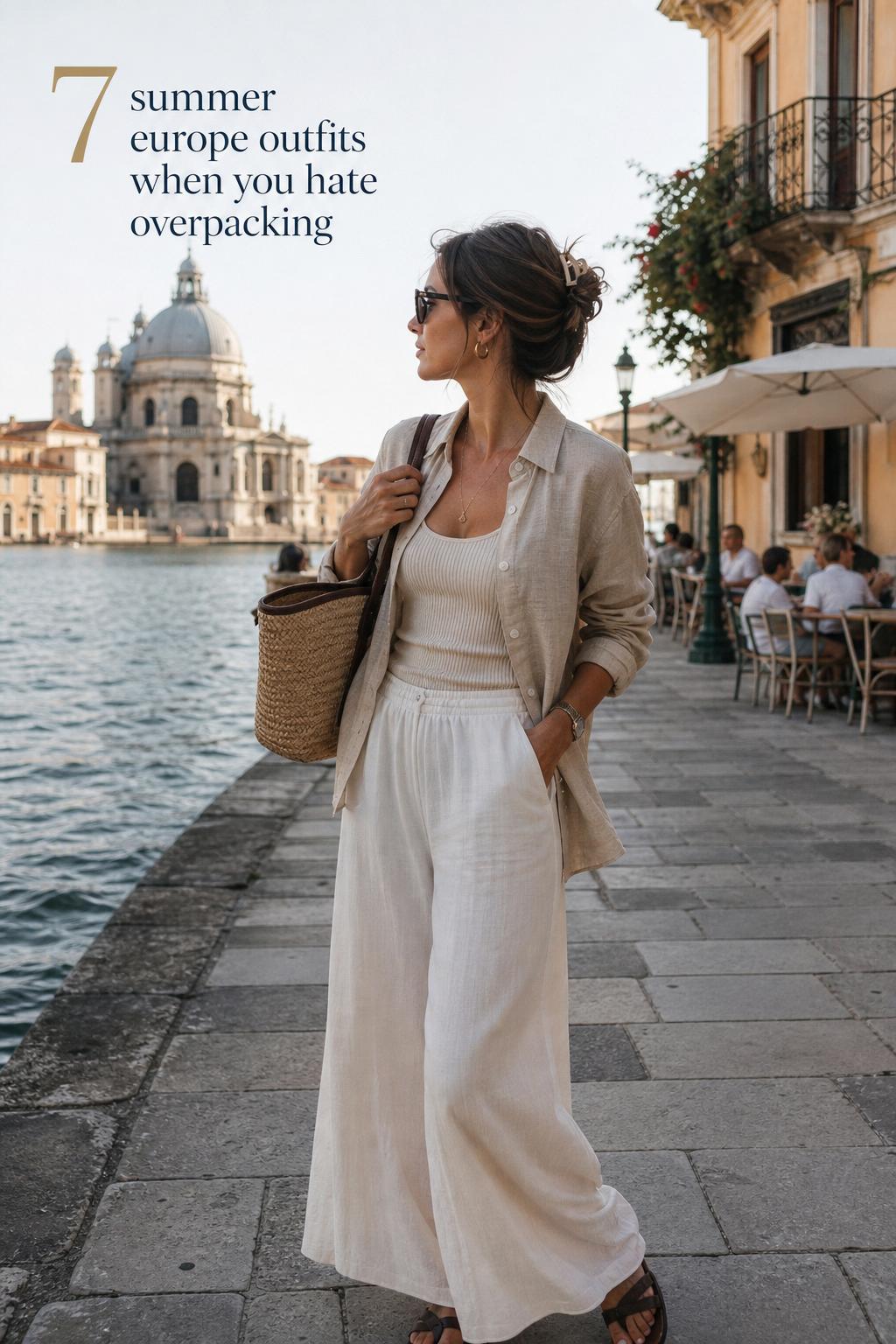 Woman walking through a sunlit Roman piazza in linen and sandals, showcasing summer europe outfits for travel