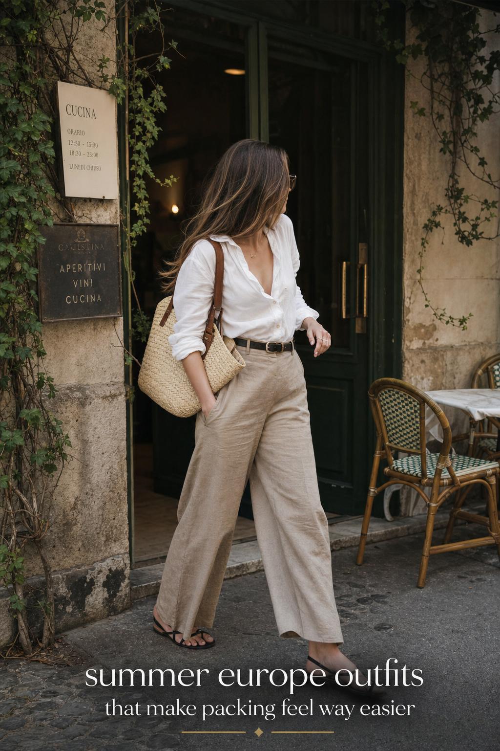 Stylish woman walking through a sunlit European street in linen and sandals, showcasing summer europe outfits for travel