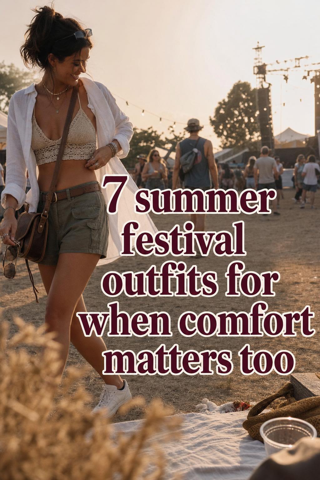 Summer festival outfits inspiration: stylish woman walking at golden hour music festival with crossbody bag and text overlay