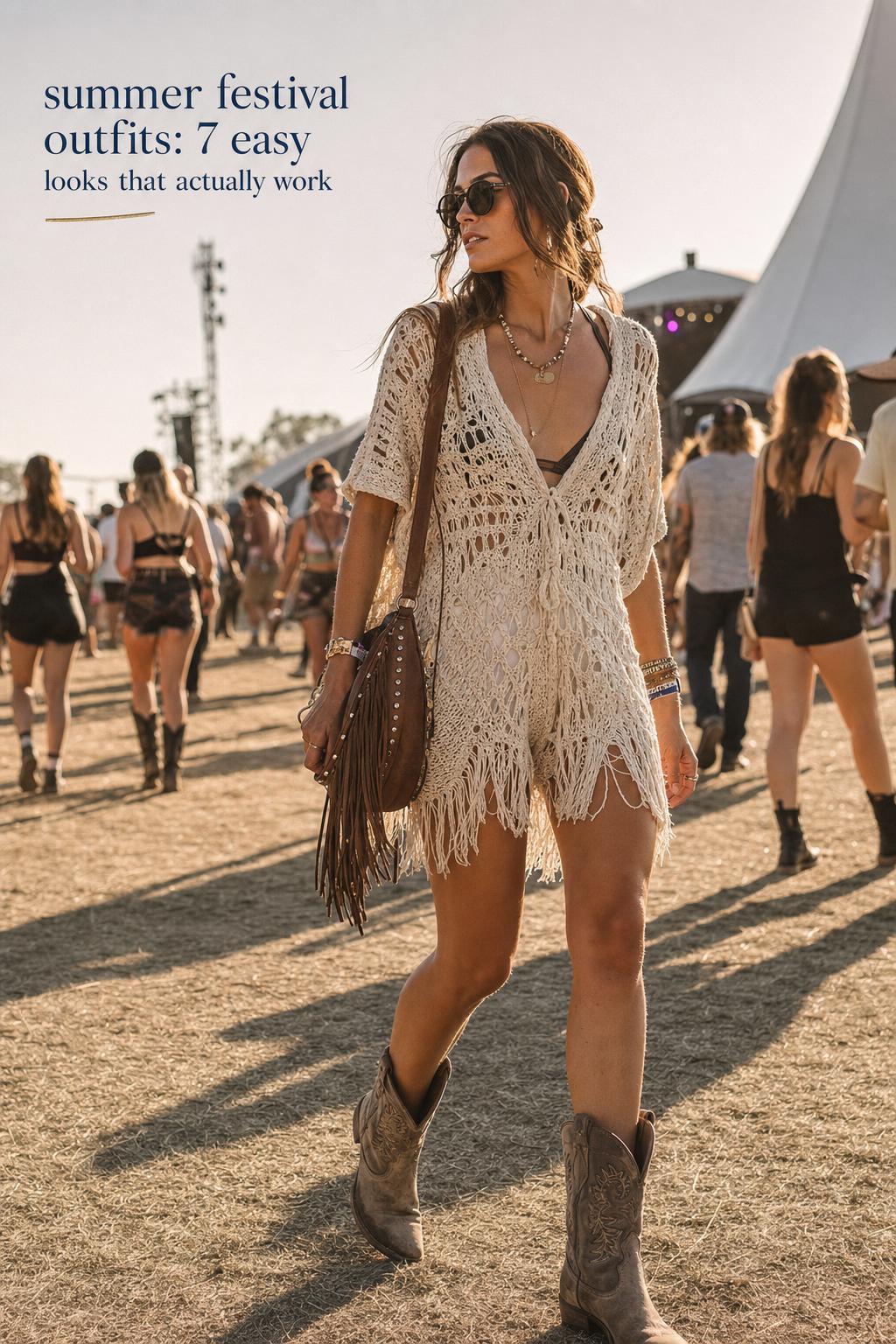 summer festival outfits editorial photo of a stylish woman walking a dusty music festival path in warm late-afternoon sun