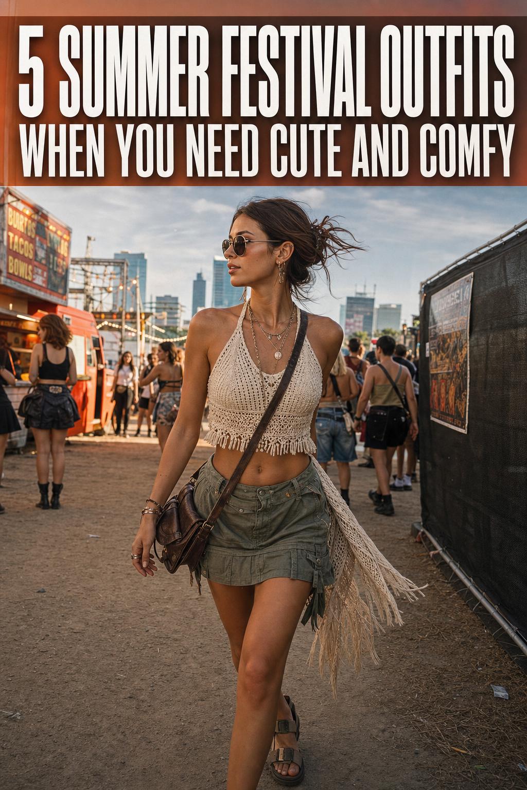 Summer festival outfits on stylish friends in a sunny outdoor music festival setting