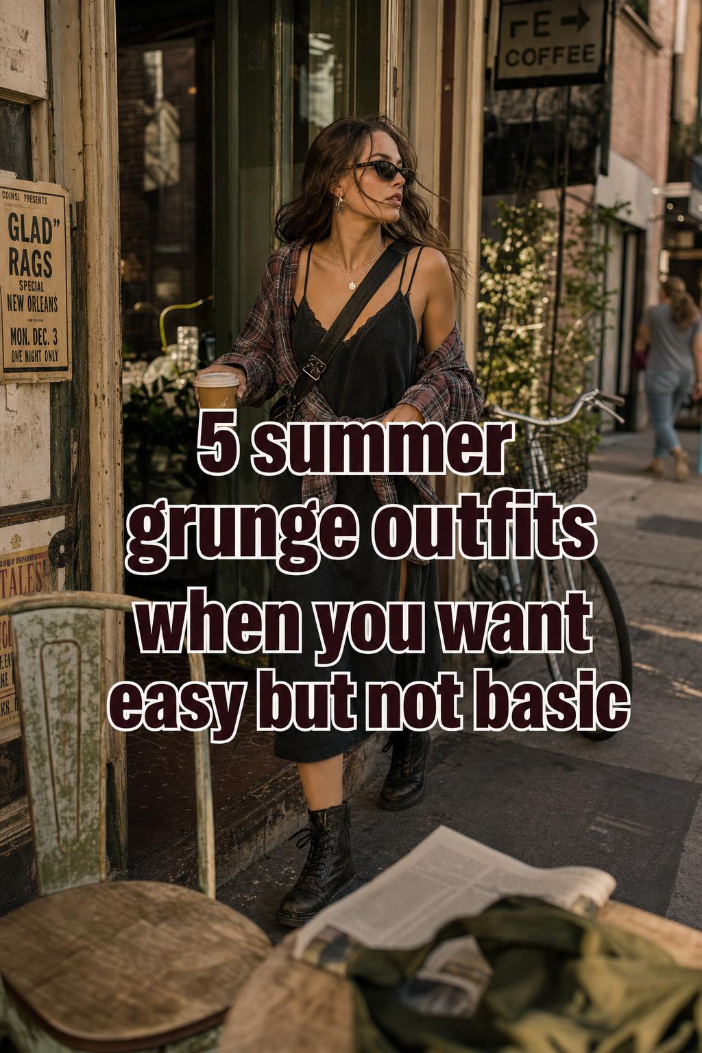 Young woman in summer grunge outfits style walking out of a vintage cafe at golden hour on a city sidewalk
