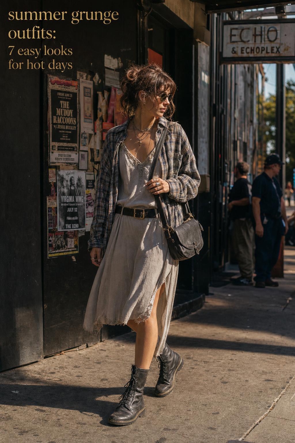 summer grunge outfits street style: woman in slip dress and plaid shirt walking by a music venue at golden hour