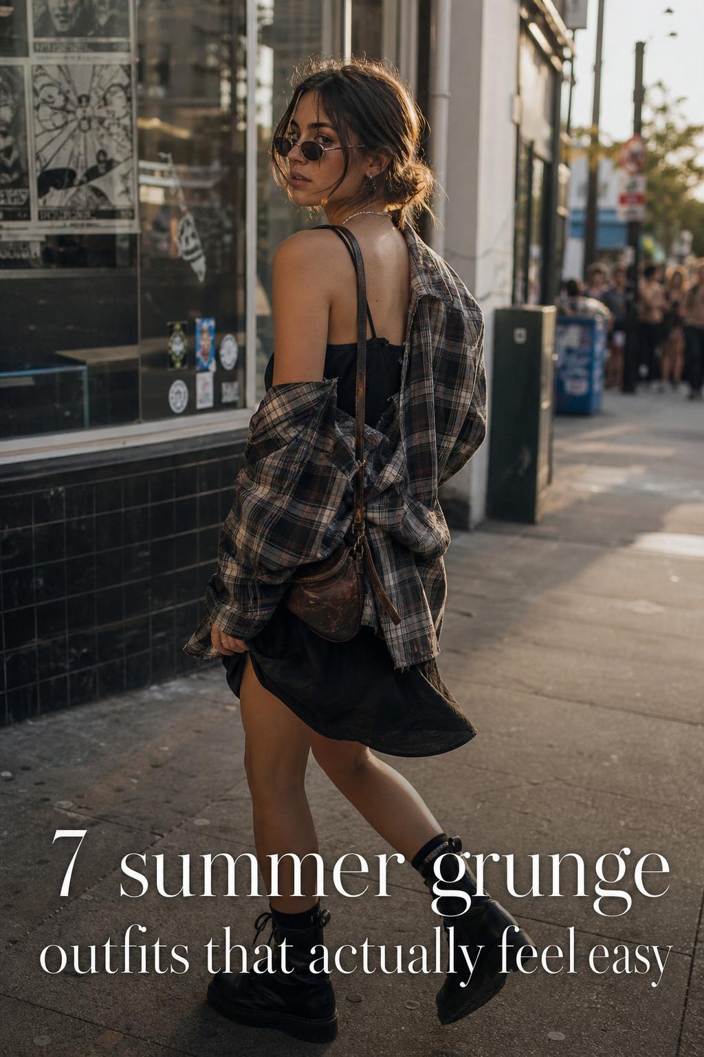 Summer grunge outfits street style at golden hour, woman in slip dress with plaid shirt and combat boots on a city sidewalk
