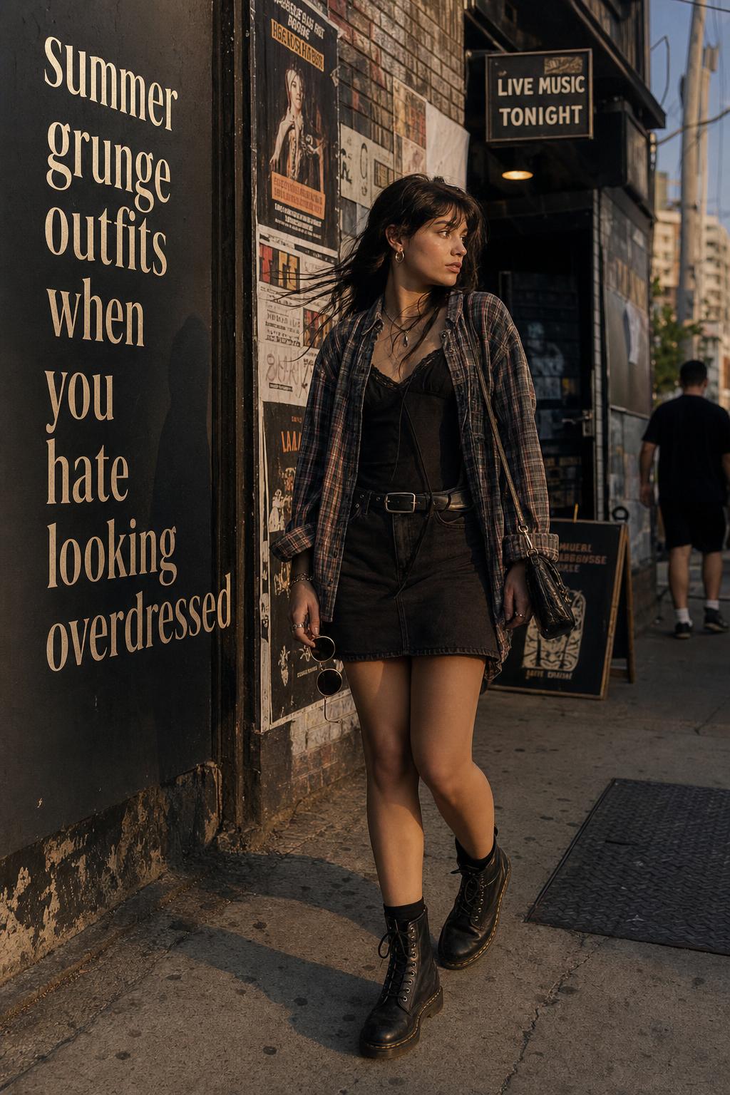 Summer grunge outfits on a young woman in a black slip dress and plaid shirt walking by a music venue alley at golden hour