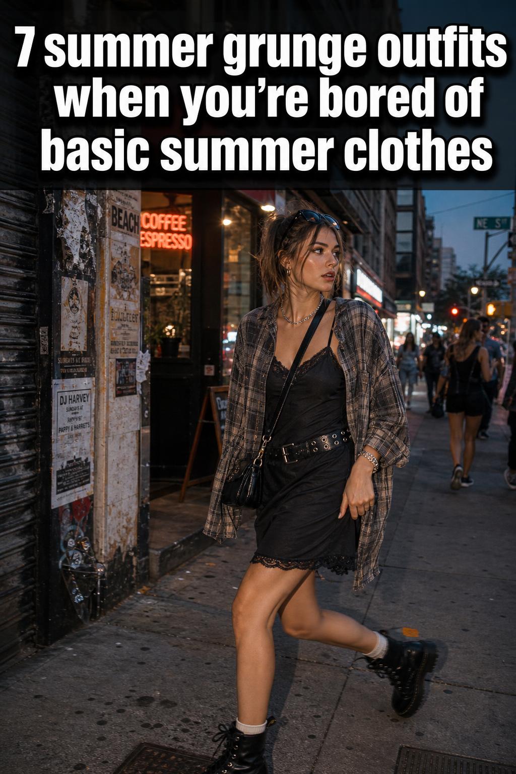 Summer grunge outfits on a street-style model in a vintage band tee, plaid skirt, and combat boots