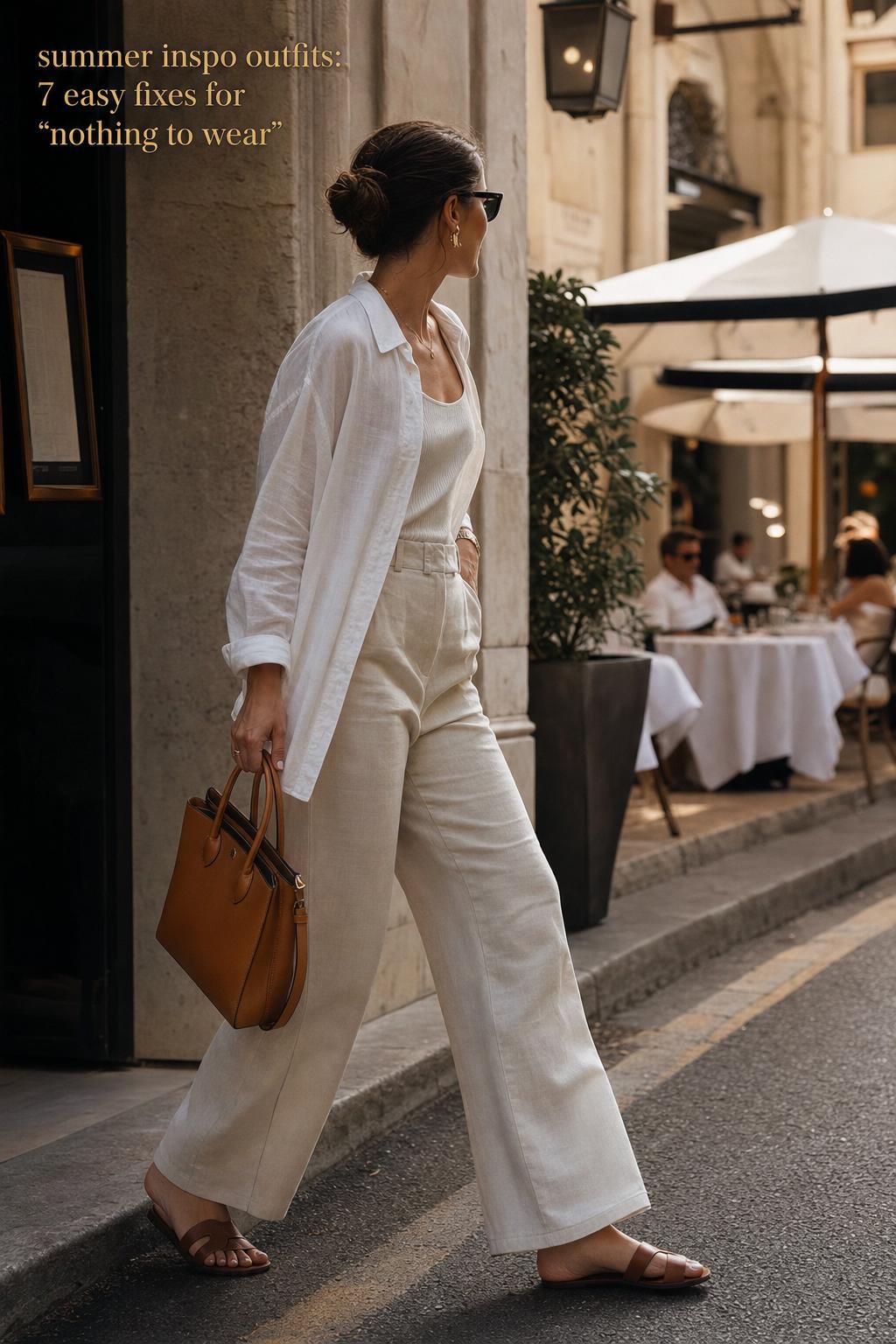 Summer inspo outfits: city-to-cafe linen look Summer inspo outfits side-profile street-to-cafe look with ivory linen shirt, wide-leg trousers, leather slides and tan bag