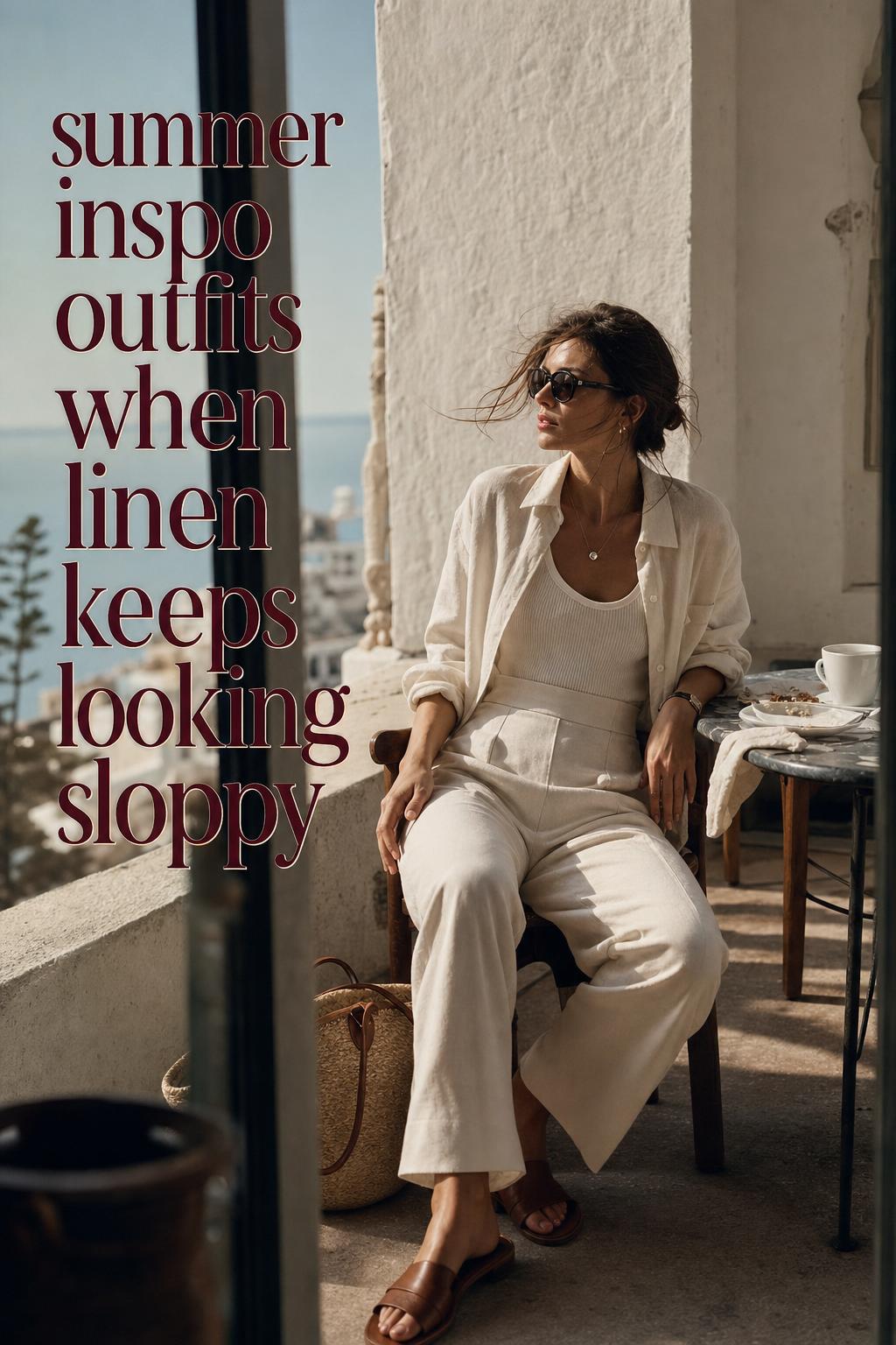 Summer Inspo Outfits: Linen Meets City Tailoring Summer inspo outfits on a sunlit terrace: woman in ivory linen shirt and tailored trousers, moody editorial street-to-resort style