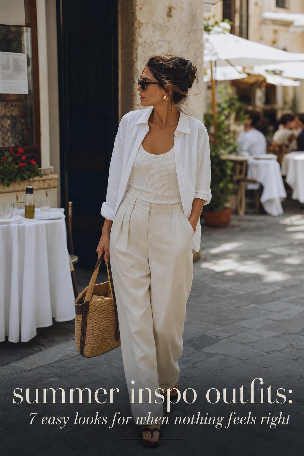 Summer Inspo Outfits: Mediterranean Meets City Tailoring Summer inspo outfits editorial photo of a woman in linen and tailored trousers stepping from a resort cafe into a city street