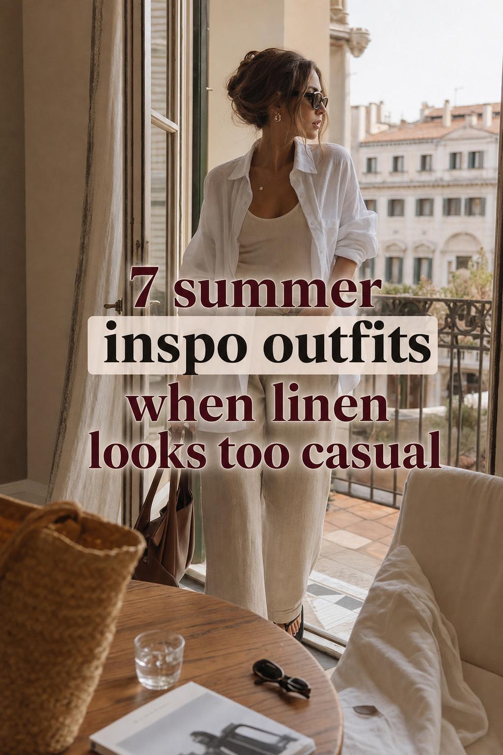 Summer Inspo Outfits on a Sunlit Terrace Summer inspo outfits on a sunlit terrace: woman in linen shirt and tailored trousers reaching for a woven tote.