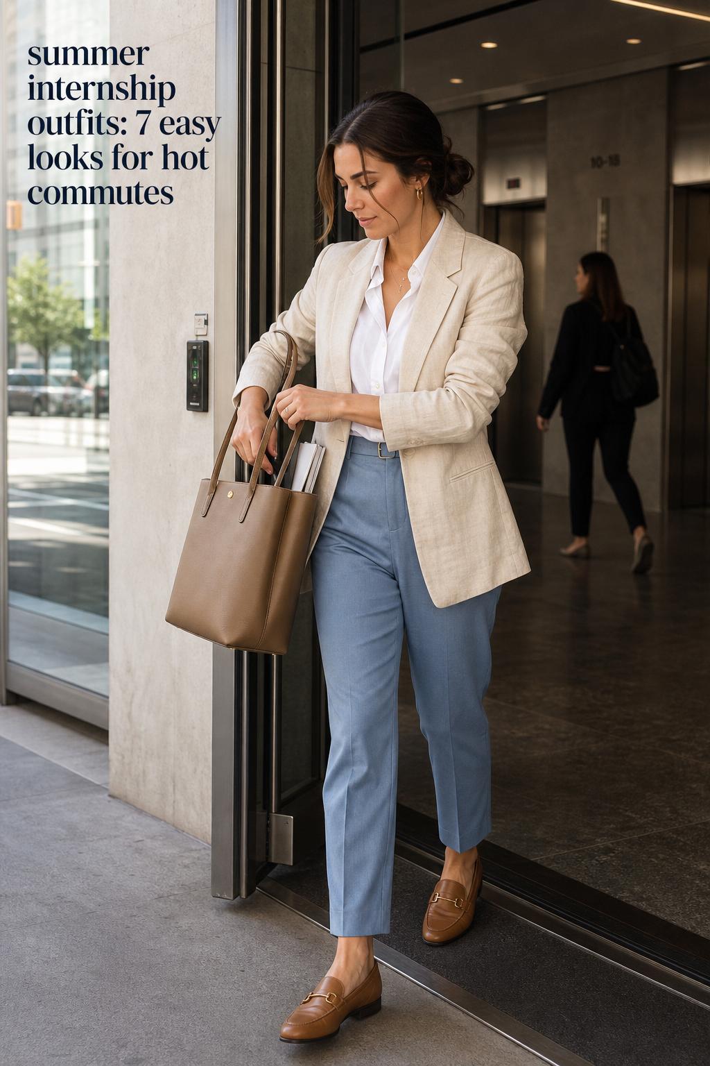 Summer internship outfits idea: young professional in linen blazer and blue trousers stepping into a modern office lobby.