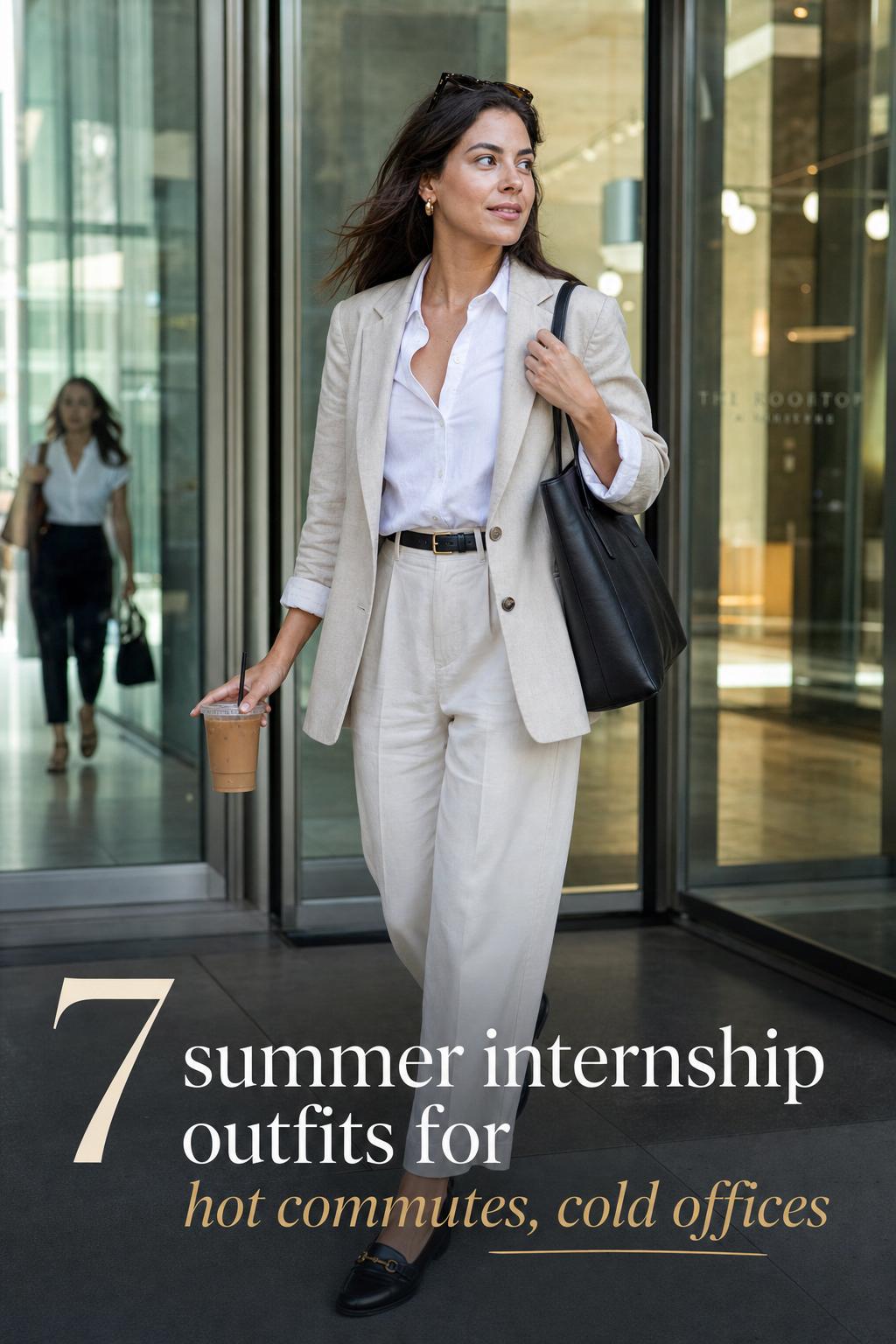 Young professional in linen blazer and trousers walking into an office lobby with tote and iced coffee, summer internship outfits
