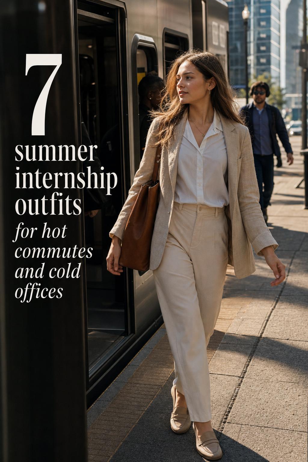 Summer internship outfits: young professional woman in linen blazer commuting from train to modern office at golden hour