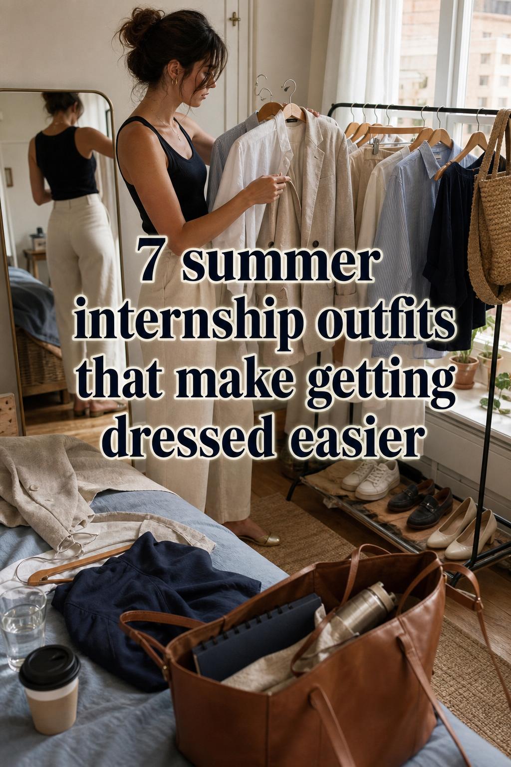 Young professional choosing summer internship outfits in a warm apartment entryway, with linen blazer, tote, and shoes in morning light