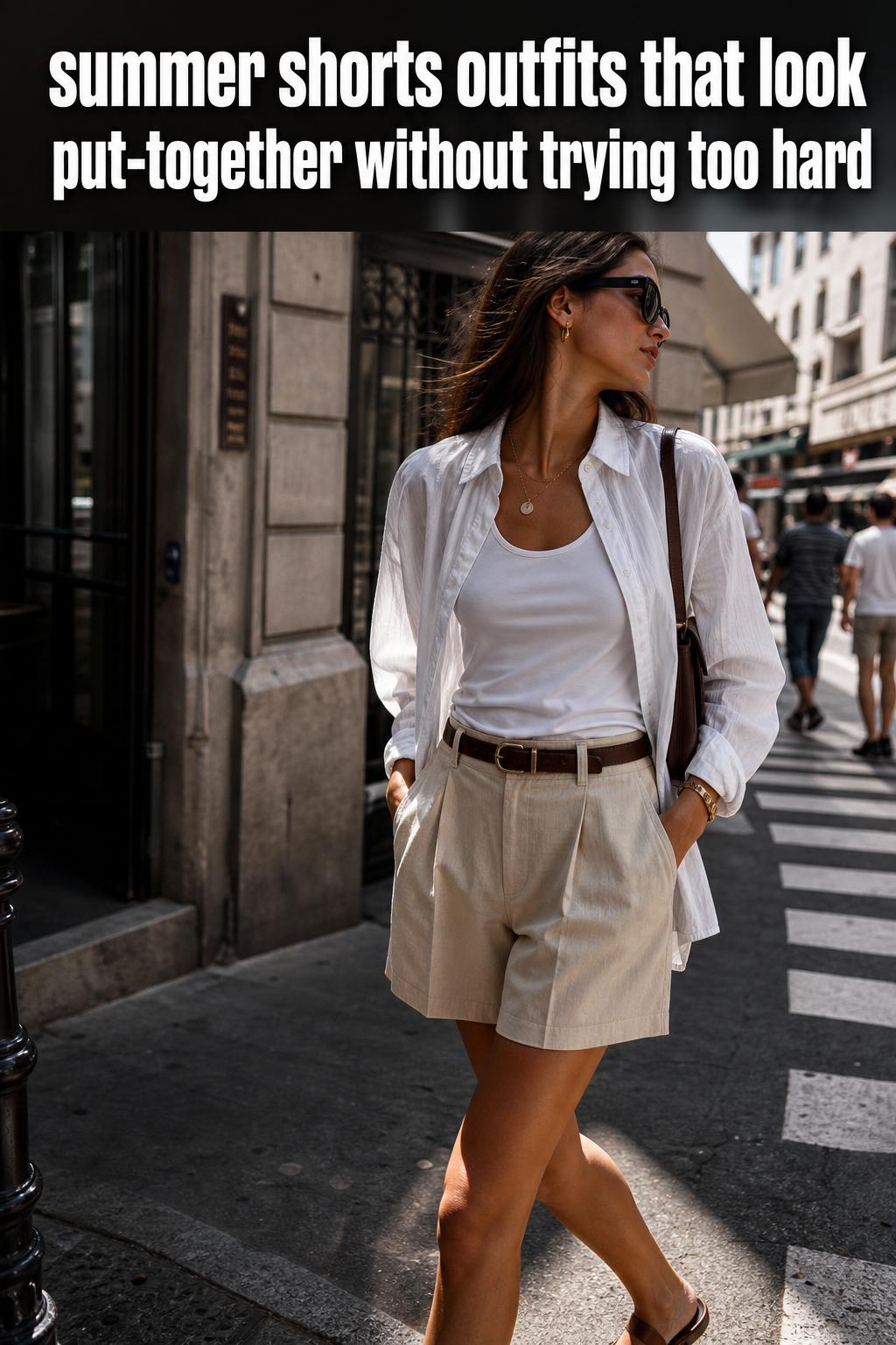 Summer shorts outfits styled with a light top and sandals on a sunny day