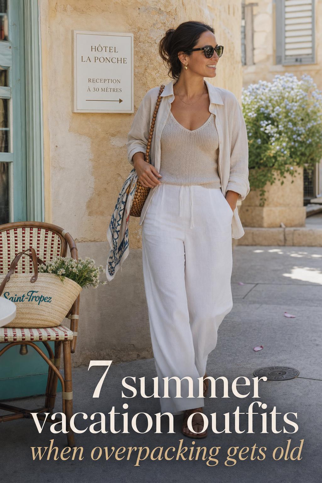 7 Summer Vacation Outfits for European Travel Summer vacation outfits: woman in white linen trousers strolling a sunlit European coastal street near a café and boutique hotel