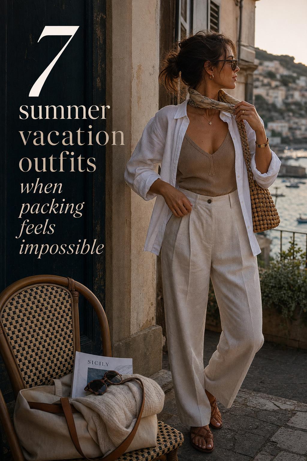 Summer Vacation Outfits Editorial on Seaside Terrace Summer vacation outfits editorial photo of woman in white linen shirt and trousers on a European seaside terrace at golden hour