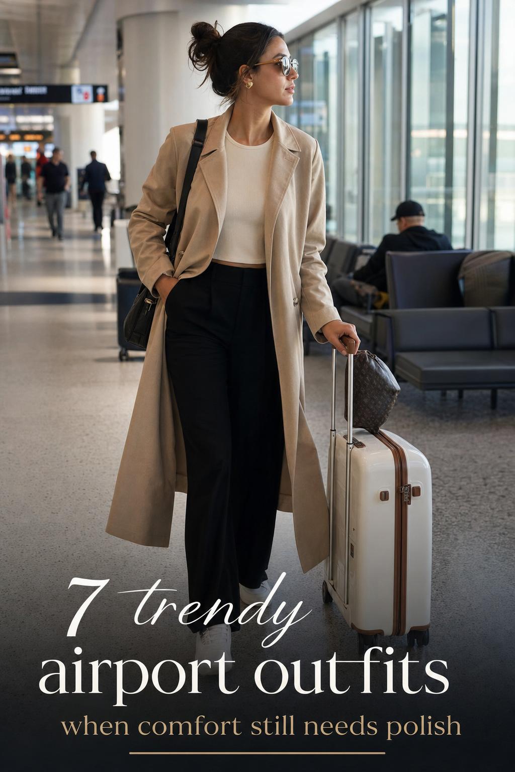 Trendy airport outfits on stylish travelers walking through a bright modern terminal, blending athleisure and polished layers.