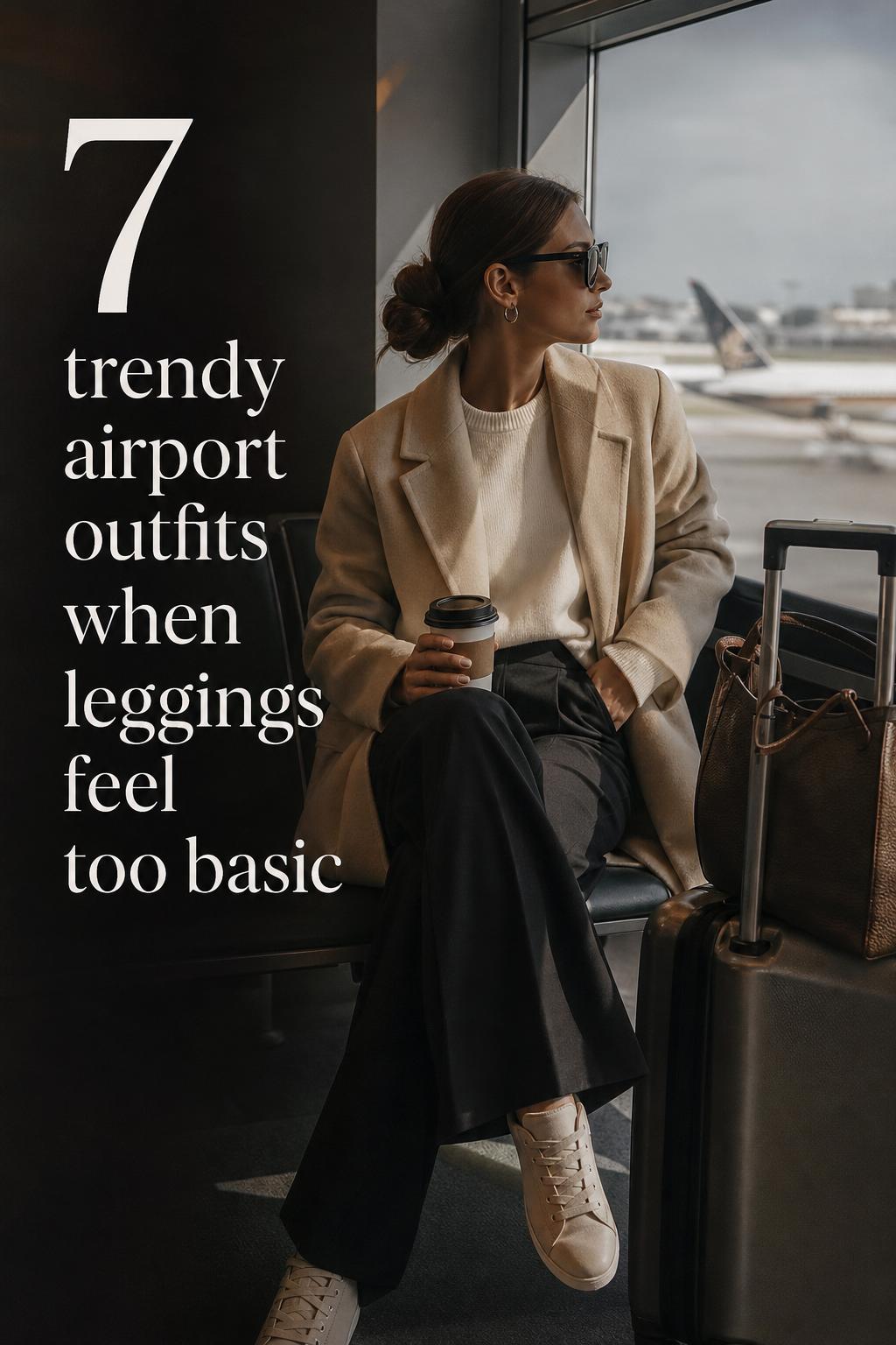 Trendy airport outfits editorial photo of a stylish woman in luxe athleisure walking through a modern terminal with carry-on