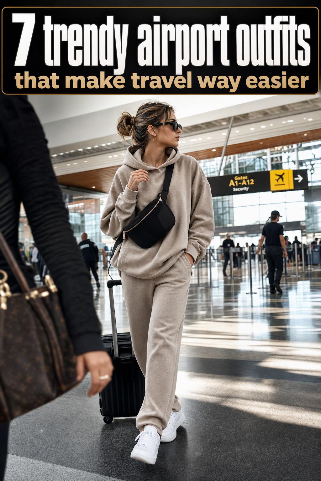 Trendy airport outfits: stylish traveler wearing a chic layered look with carry-on luggage in a modern terminal