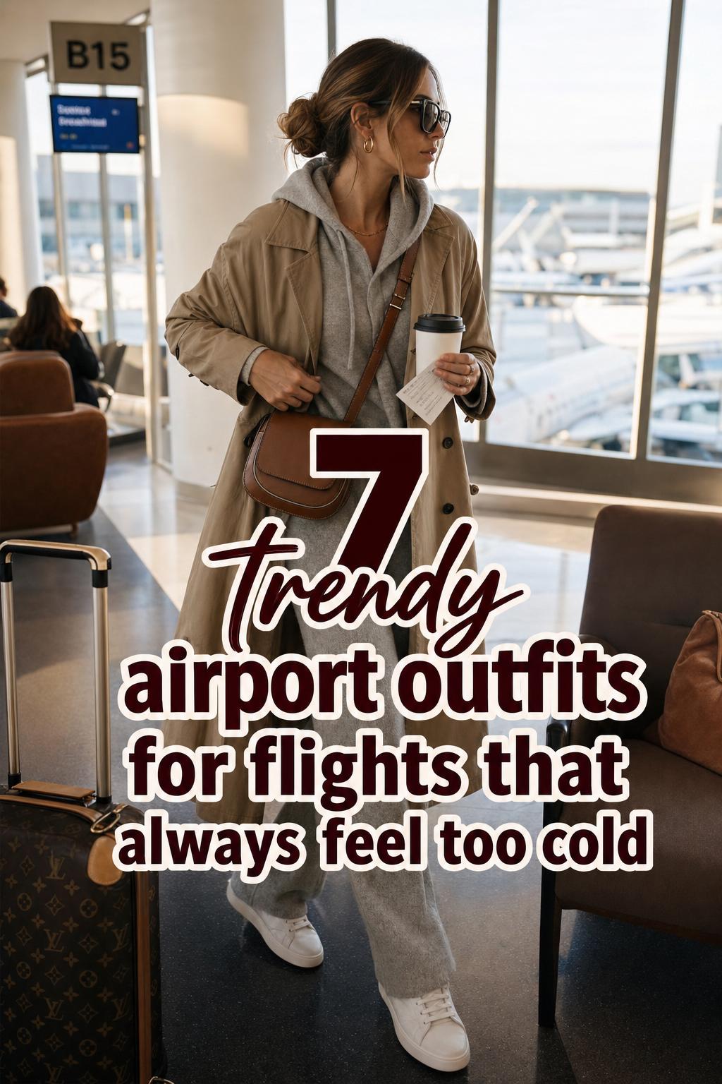 Trendy airport outfits: stylish woman walking in a sunlit terminal with trench coat, sneakers, coffee, boarding pass and suitcase