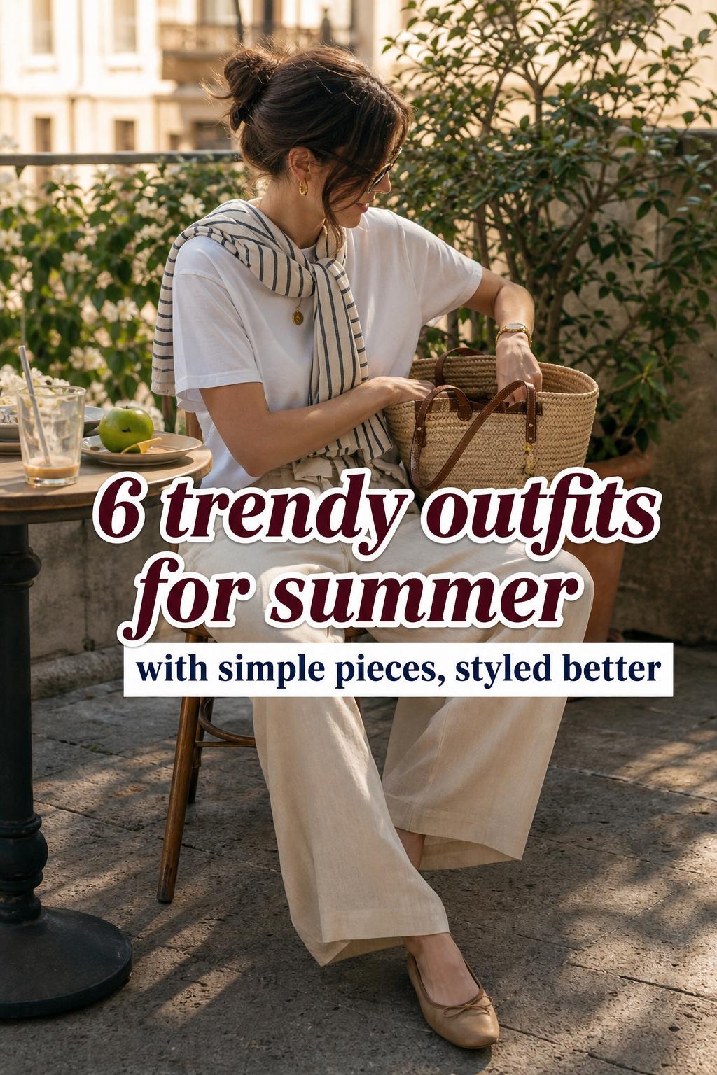 Trendy outfits for summer: adult woman in white tee and wide-leg linen trousers at a warm city brunch terrace