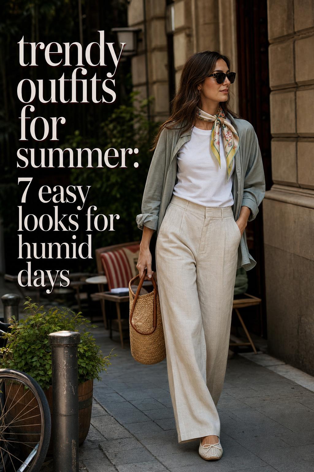 Trendy outfits for summer editorial photo of a woman in white tee and wide-leg linen trousers outside a city café terrace.