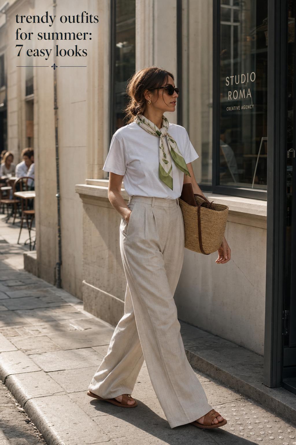Trendy outfits for summer street-style look with white tee, stone linen trousers, raffia bag and green scarf accent on a European sidewalk
