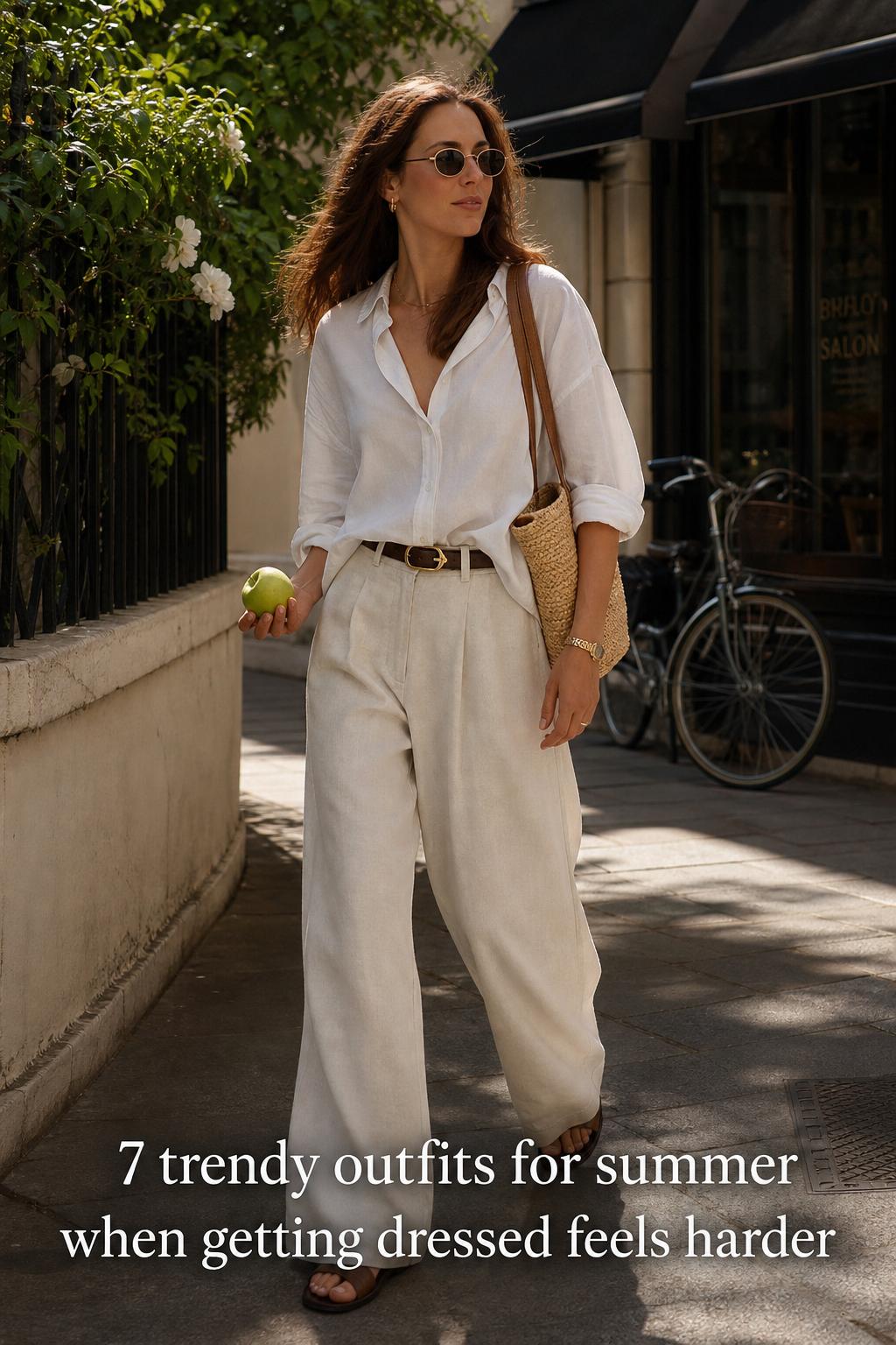 Woman in linen wide-leg trousers and white tee on a sunlit sidewalk, showcasing trendy outfits for summer with raffia bag