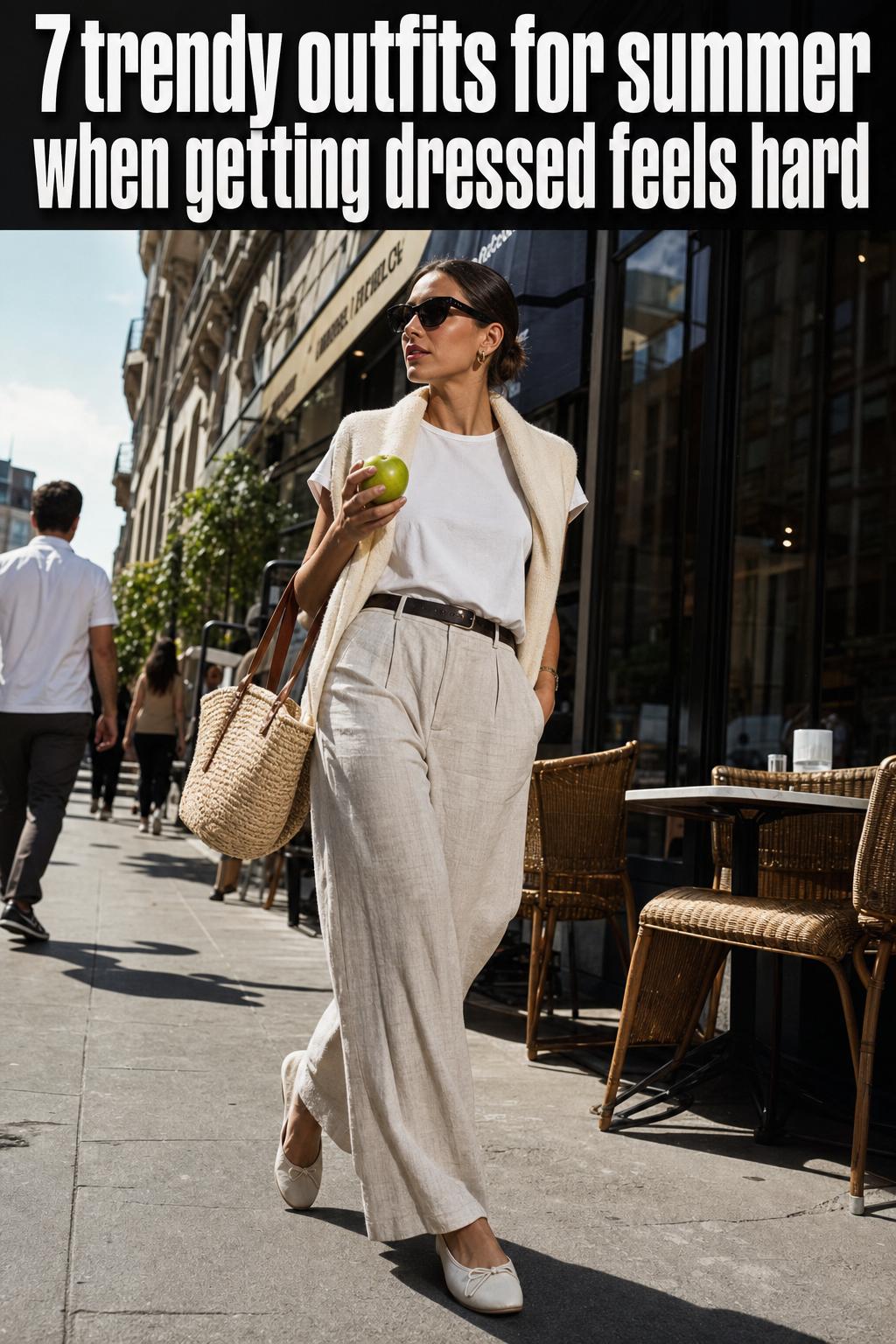 Trendy outfits for summer styled on models in a sunlit street, featuring light fabrics and bright colors.