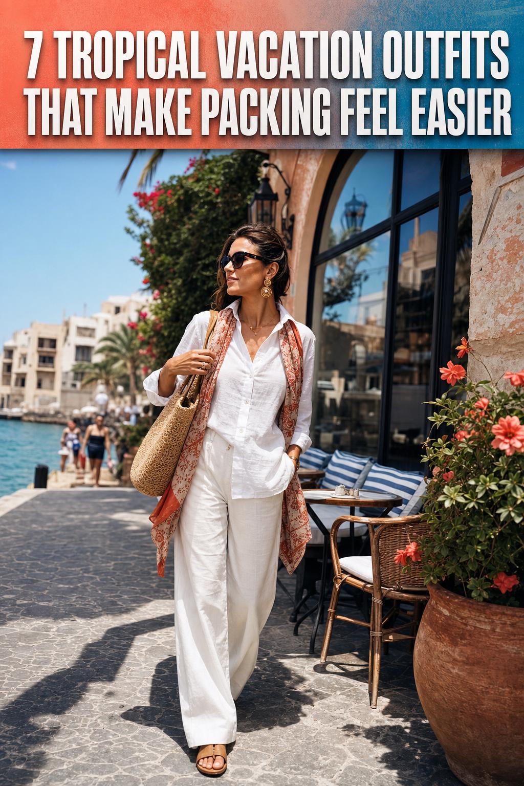 Tropical Vacation Outfits for Beach Travel Tropical vacation outfits laid out on a beach towel with sunglasses, sandals, and a straw hat for summer travel
