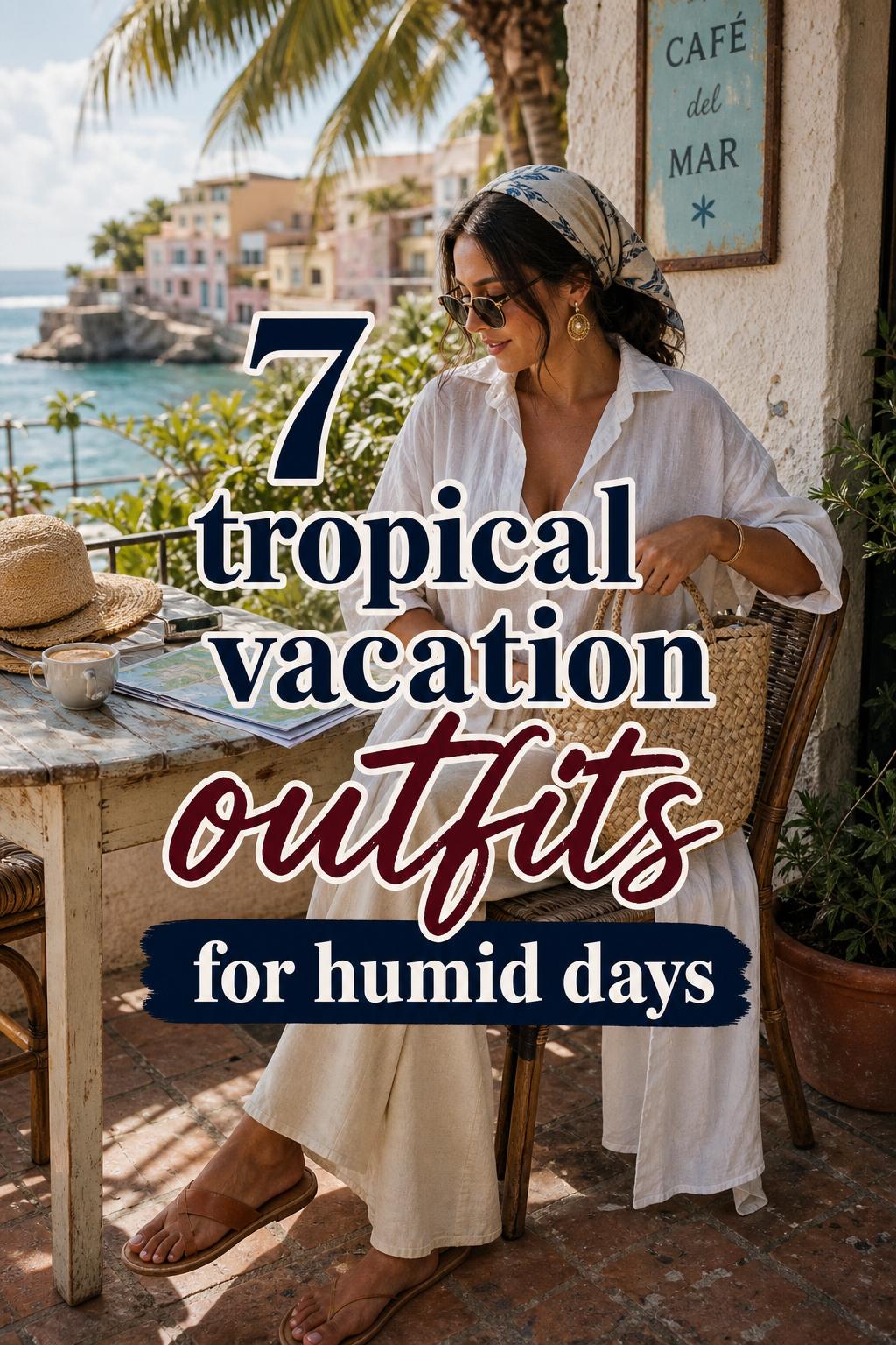 Tropical Vacation Outfits for Humid Days Tropical vacation outfits idea: woman in white linen blouse and wide-leg trousers at a sunny coastal cafe terrace