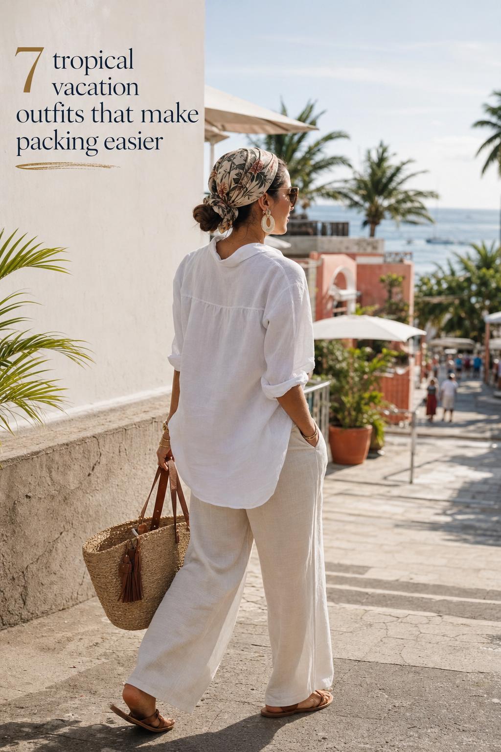 Refined Linen Look for Tropical Vacation Outfits Woman in airy linen and straw bag walking coastal town walkway, showcasing tropical vacation outfits in warm sun