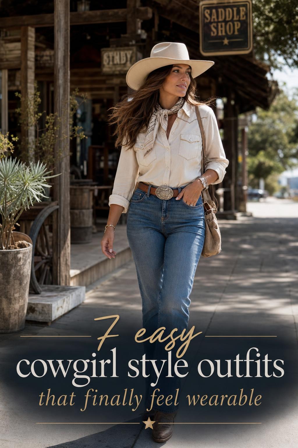 Wearable Cowgirl Style Outfit Editorial Photo Cowgirl style outfit on an adult woman in a pearl snap shirt, denim, belt, scarf and worn boots at a sunlit rodeo walkway