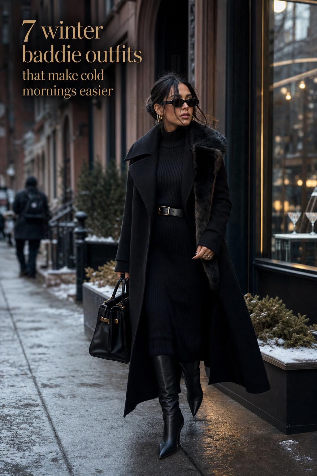 Winter baddie outfits street style: woman in black wool coat and knit dress walking past brownstones at dusk
