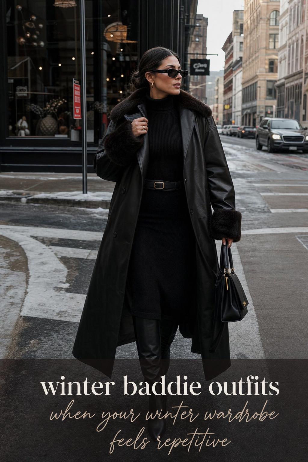 Winter baddie outfits street style with woman in dark trench coat and knee-high boots walking on an urban winter sidewalk