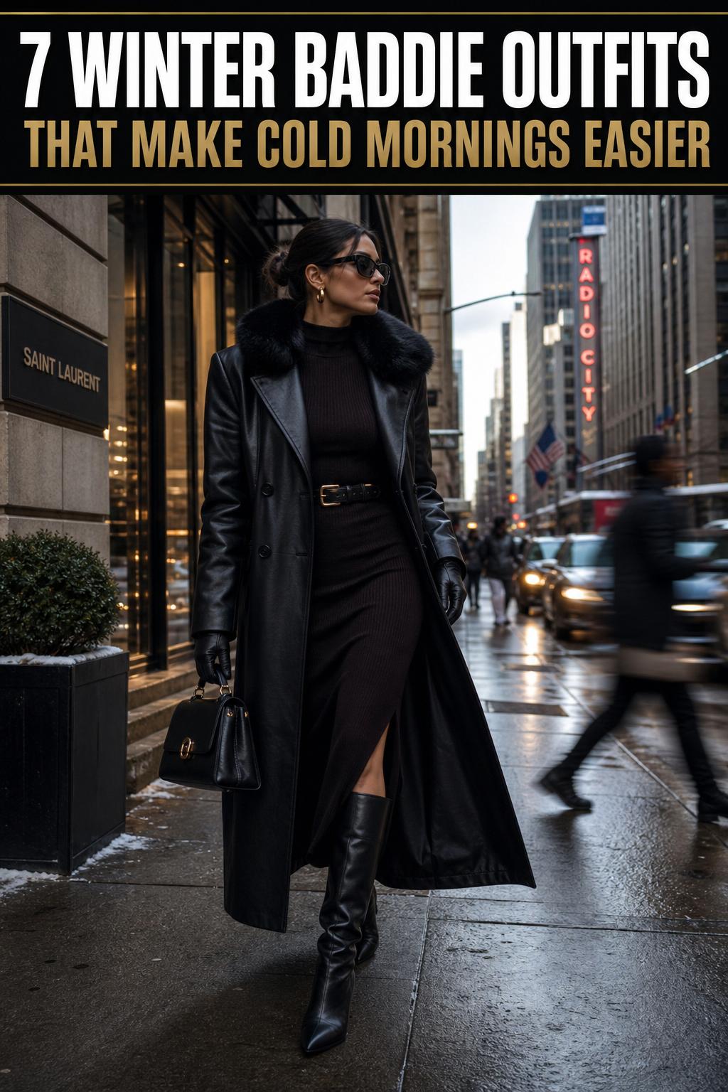 Winter baddie outfits featuring a stylish woman in a puffer jacket, beanie, and boots on a snowy city street