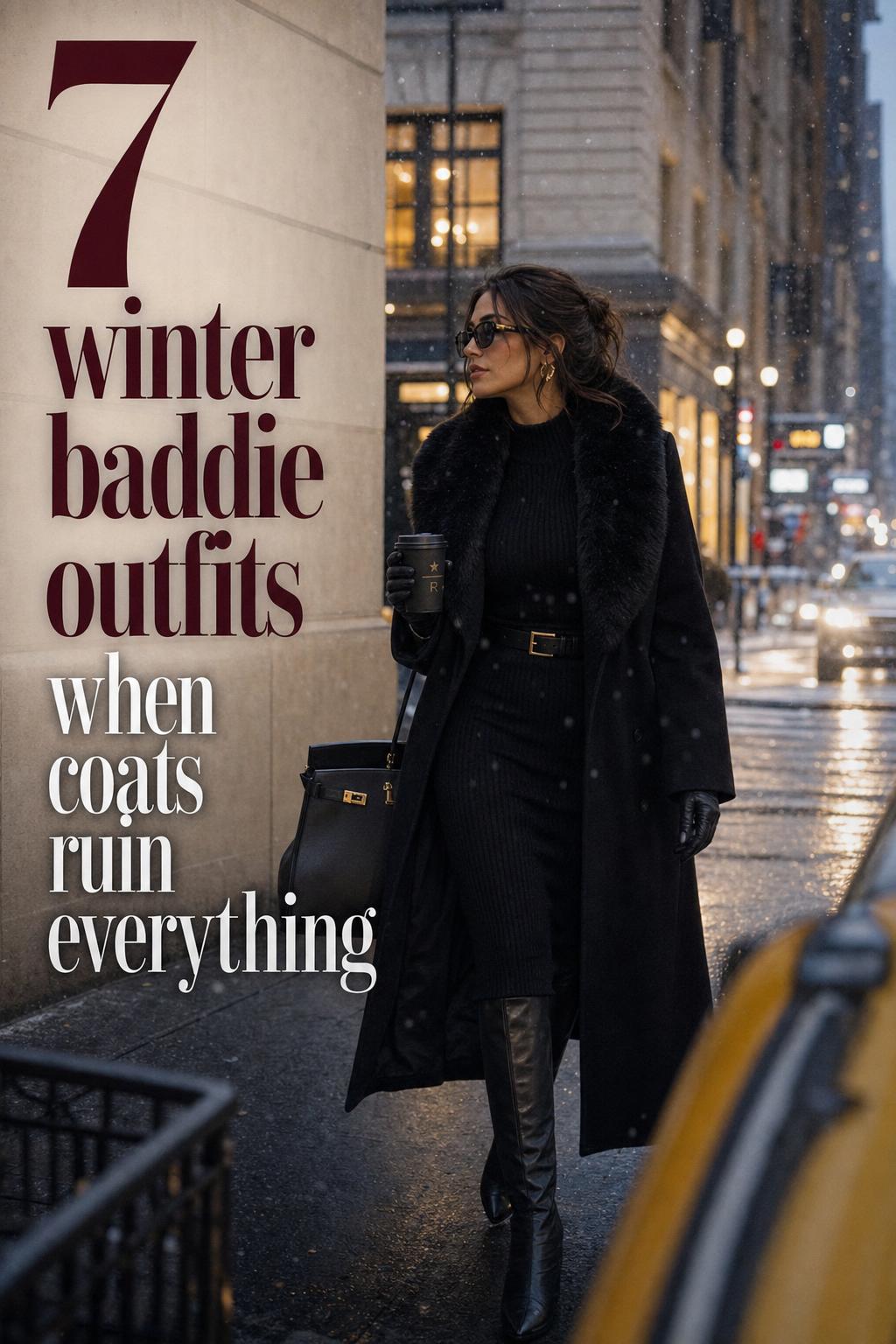 Winter baddie outfits street style: woman in black wool coat and knee-high boots walking downtown at blue hour
