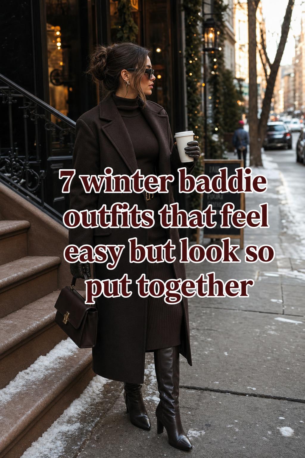 Woman in a dark coat and boots on a winter city sidewalk showcasing winter baddie outfits with bold text overlay