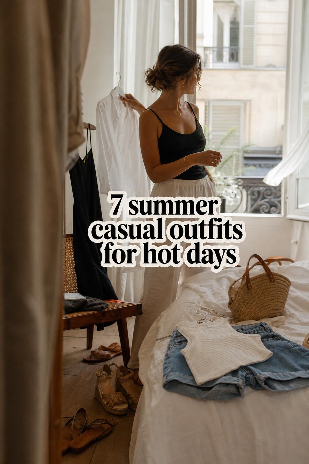 Easy Summer Casual Outfits for Hot Days Woman choosing summer casual outfits by an open window in a warm city apartment, with linen pants, tank top and sandals