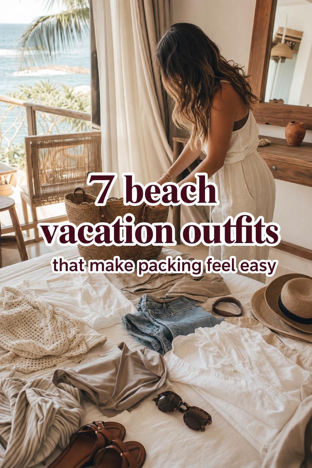 Beach Vacation Outfits Packing in Coastal Resort Room Woman packing beach vacation outfits in a sunlit coastal resort room with linen dresses, sandals, hat, and ocean view