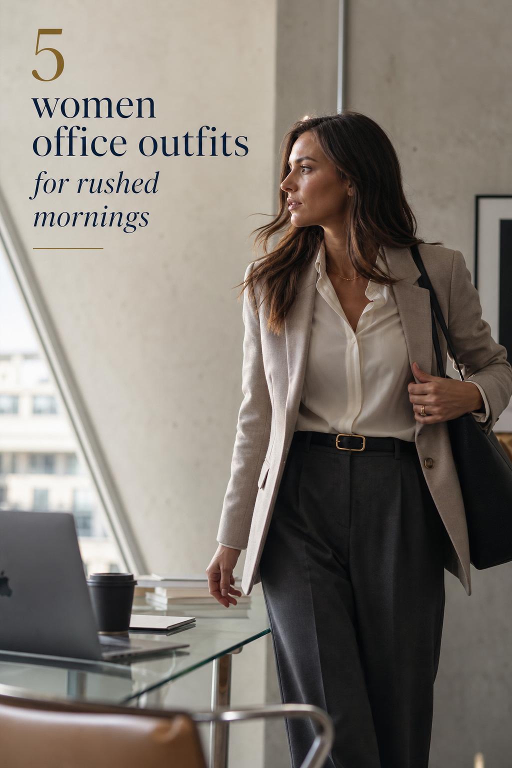Women office outfits: professional woman adjusting blazer in a modern office-studio with soft window light, candid over-shoulder.
